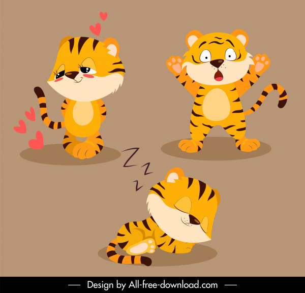iconos de tigre lindo boceto de dibujos animados estilizados