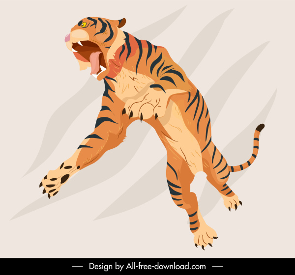 เสือไอคอนแบบไดนามิกการล่าสัตว์ร่างการ์ตูน handdrawn