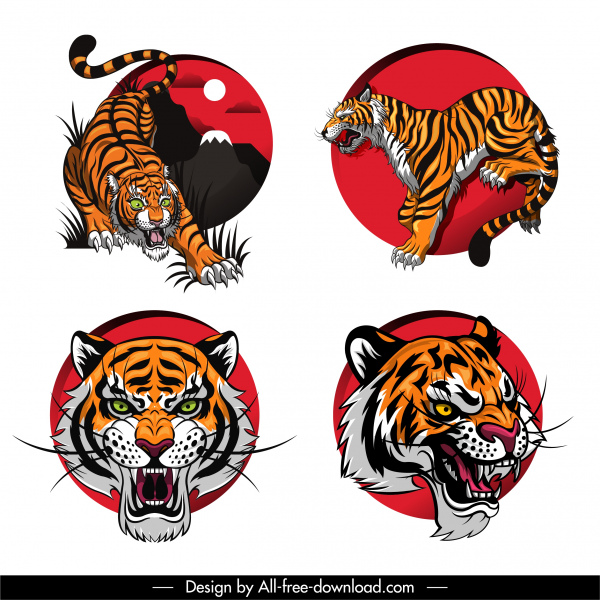 icônes de tigre féroce esquissent la conception colorée de conception colorée