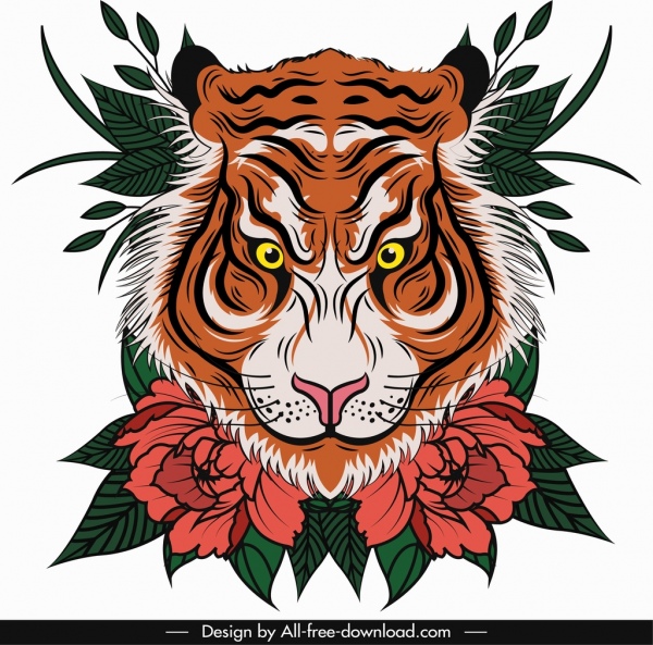 虎の絵画、顔、花、葉、装飾、古典的なデザイン
