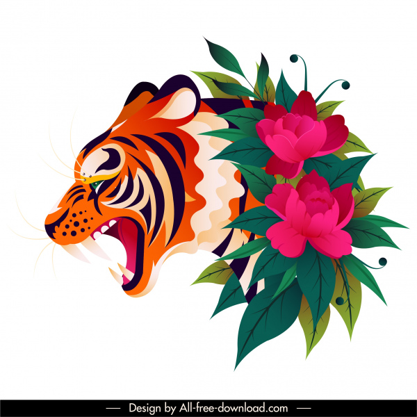 虎の絵画の花はカラフルな古典を飾ります
