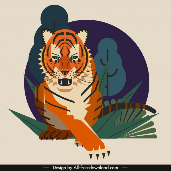 老虎畫狩獵素描彩色古典設計