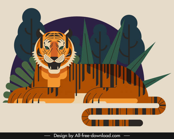 Tygrys, malarstwo, leżącego szkic klasyczna Płaska konstrukcja