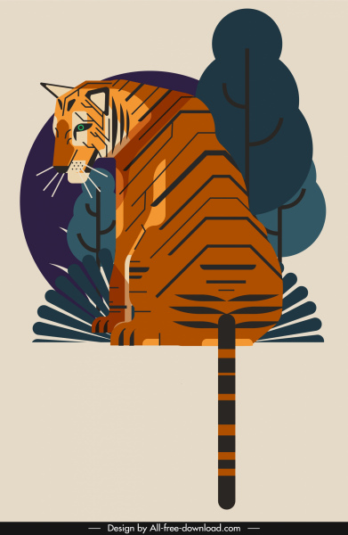 老虎绘画坐姿态古典色彩设计