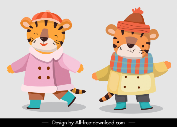 ícones de personagens tigres bonito esboço de desenho animado estilizado