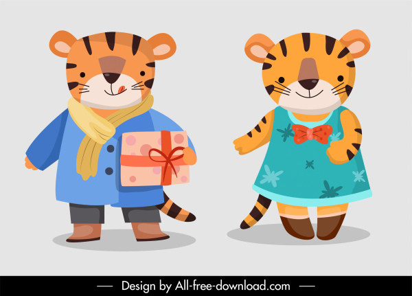 ícones de ícones de tigres estilizado desenho animado