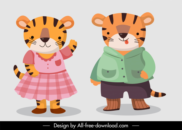 Tiger Charaktere Symbole stilisierte Design Zeichentrickfiguren