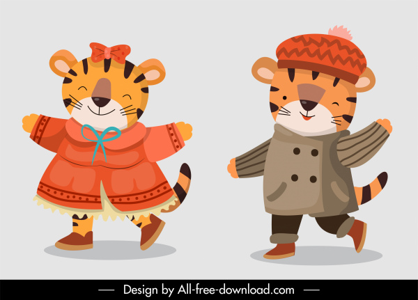 tigres iconos boceto lindo personajes de dibujos animados estilizados