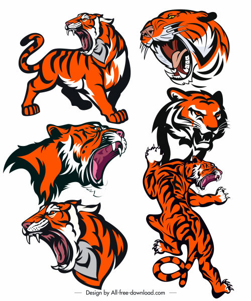 ícones tigres dinâmico esboço agressivo colorido de mão