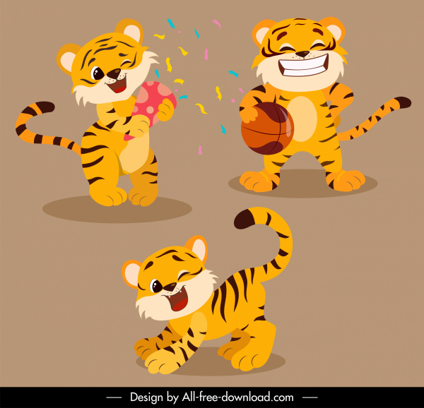 tigres iconos gestos juguetónes boceto de dibujos animados estilizados