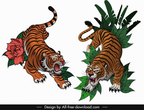 tigres ícones emoção violenta esboço colorido design clássico