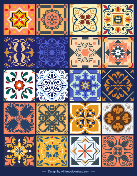 瓷磚設計項目五顏六色的對稱復古花卉素描