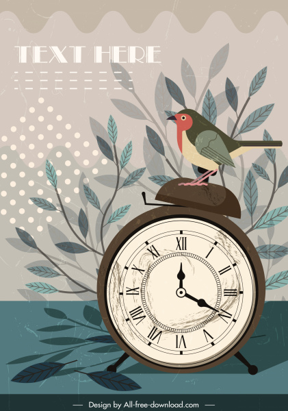 时间背景复古设计时钟鸟装饰