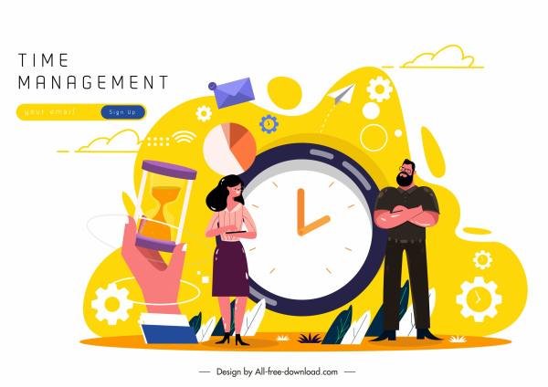 gestión del tiempo banner reloj humano elementos de negocio bosquejo