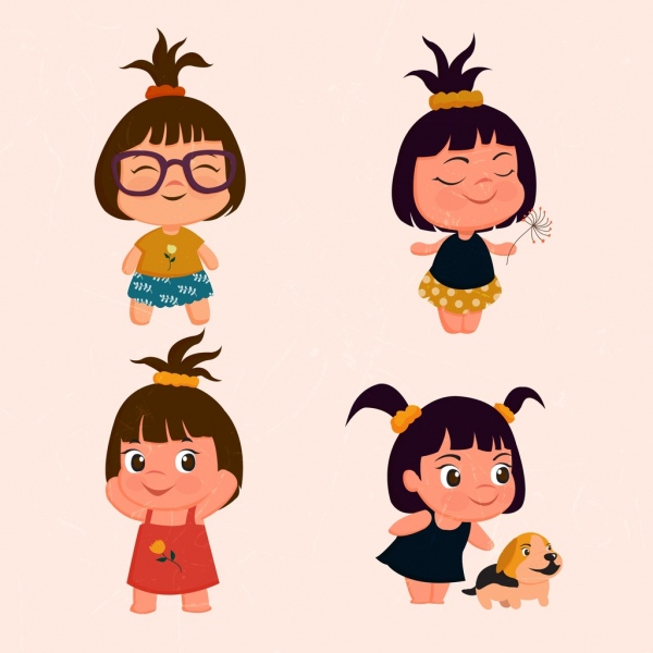 Tiny Girls colección de iconos lindo diseño de dibujos animados de colores