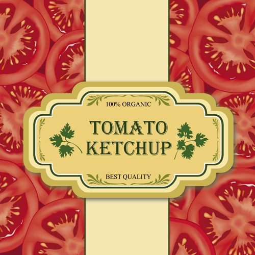 トマト ケチャップとトマト パターン ラベル背景