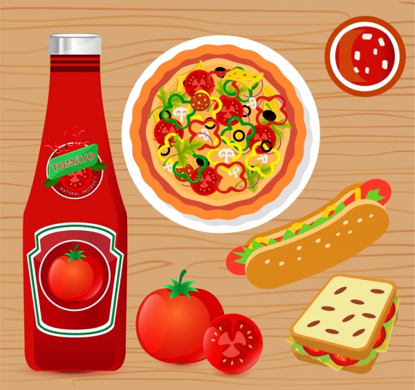 sos pomidorowy reklamy płaskie projekt fast food ikony
