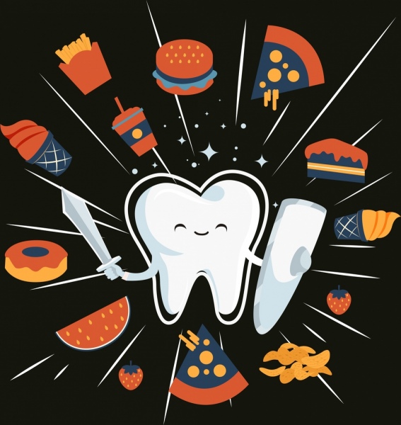 proteção dentária banner ícones estilizados decoração de alimentos
