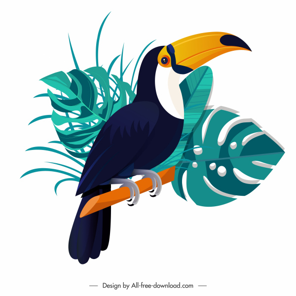 ikon toucan bertengger dekorasi daun sketsa