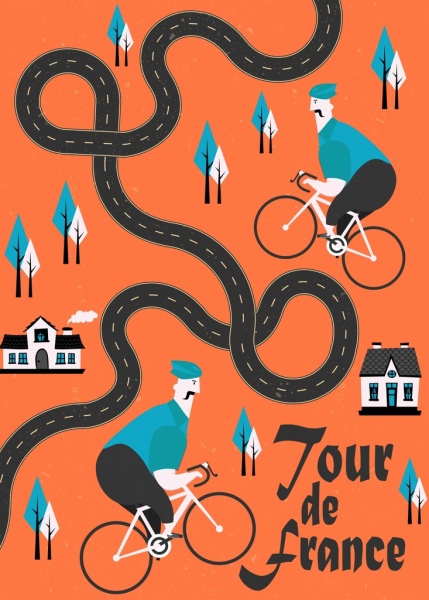 Tour de Francia bandera curvada camino personajes de dibujos animados