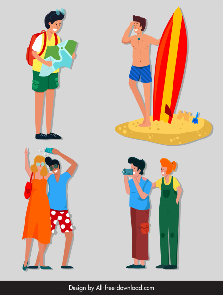 iconos de turistas divertidos personajes de dibujos animados bosquejo