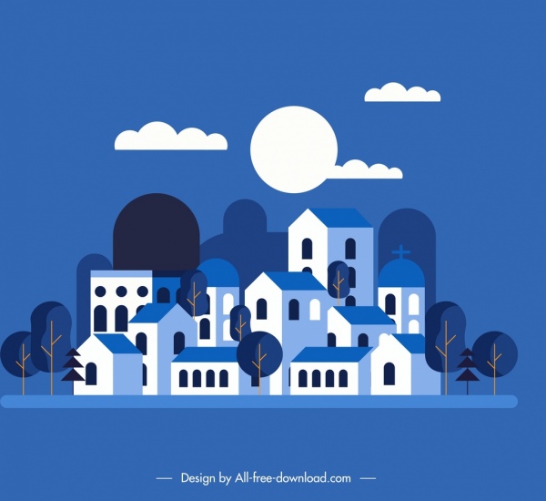 Kota latar belakang desain biru gelap malam bulan dekorasi