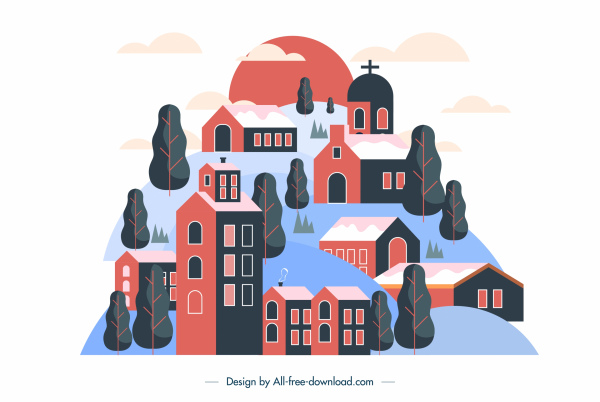 rumah latar belakang kota sketsa bukit warna desain klasik