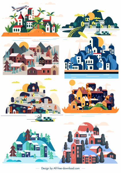 ícones da cidade casas coloridas design clássico