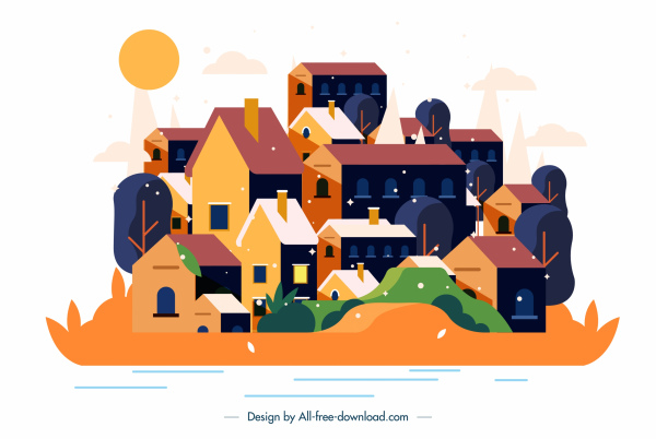 마을 그림 다채로운 고전 디자인 주택 스케치