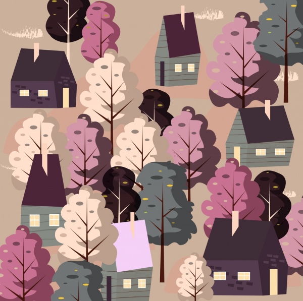 pintura da cidade casas árvores ícones design clássico