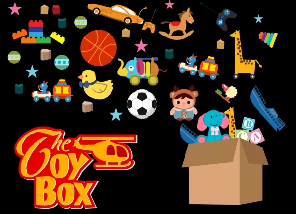 caja de juguete decoración coloridos símbolos diversos de publicidad