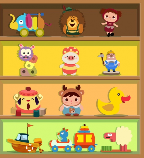Spielzeug-Symbole zeigen verschiedene farbige Symbole Regal Dekor
