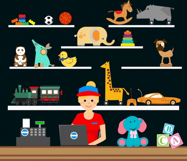 icona di commessa di giocattolo store design mensola display arredamento