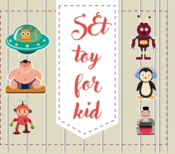 Spielzeug-Werbung farbige flache Bauweise verschiedene farbige Symbole