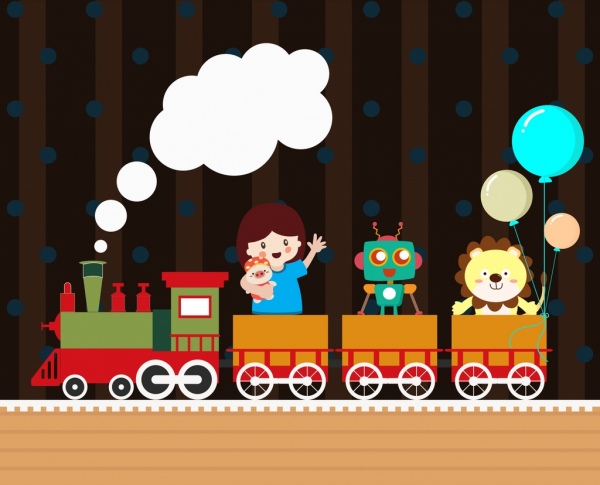 zabawki w tle pociągu dziewczynę robot lew balony ikony