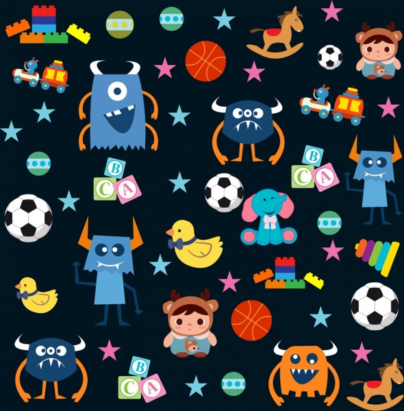 icônes de jouets de fond différentes icônes multicolores, répétant la conception