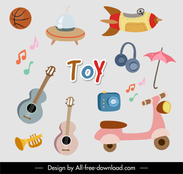 Spielzeug Symbole bunte flache Objekte Skizze
