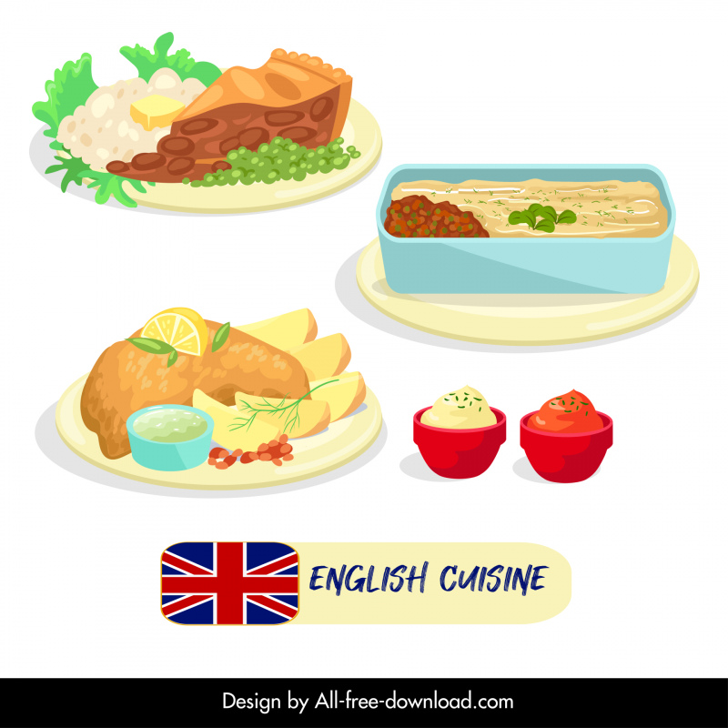 pratos tradicionais ingleses elementos de design coloridos decoração clássica brilhante