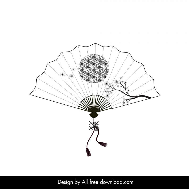 ícone tradicional japonês do ventilador preto branco cerejeira flor contorno do sol