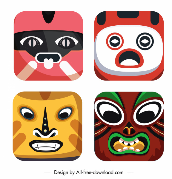 tradycyjne maski ikony kolorowy szkic emocjonalny