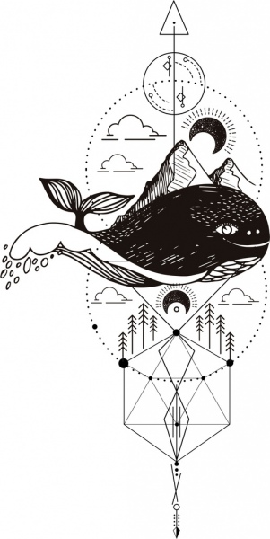 tatuaggio tradizionale disegno balena montagna luna icone