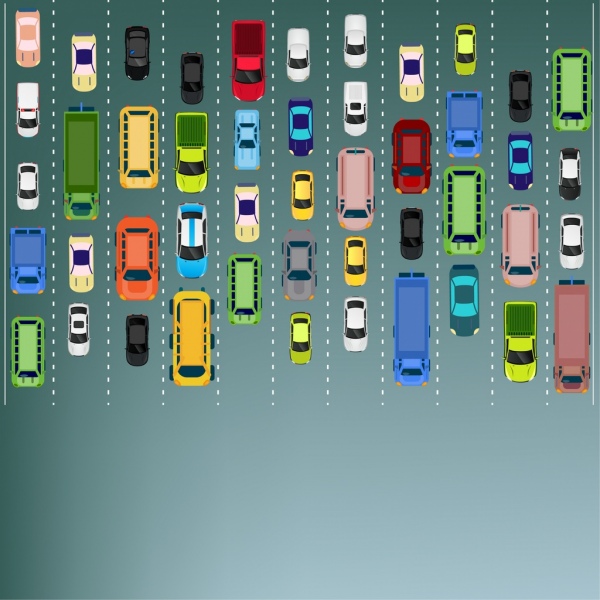 iconos de carriles de tráfico fondo coches camino de color planos