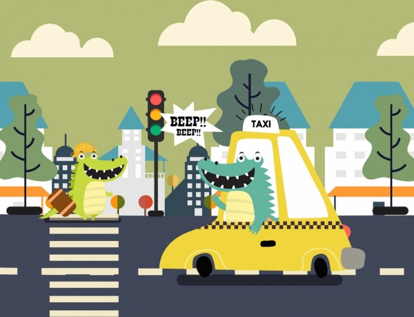 Hintergrund lustig stilisierte Krokodil Auto Straße Verkehrssymbole