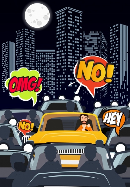 Verkehr Hintergrund Mondlicht Autos Sprechblasen cartoon-design