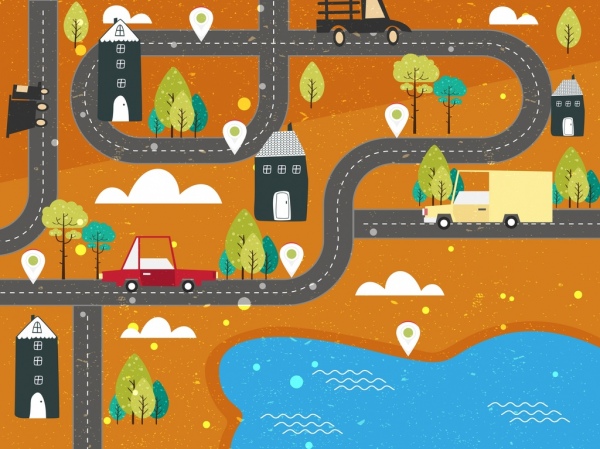 Carros de estrada do tráfego fundo terra ícones design plano Carros de estrada do tráfego fundo terra ícones design plano