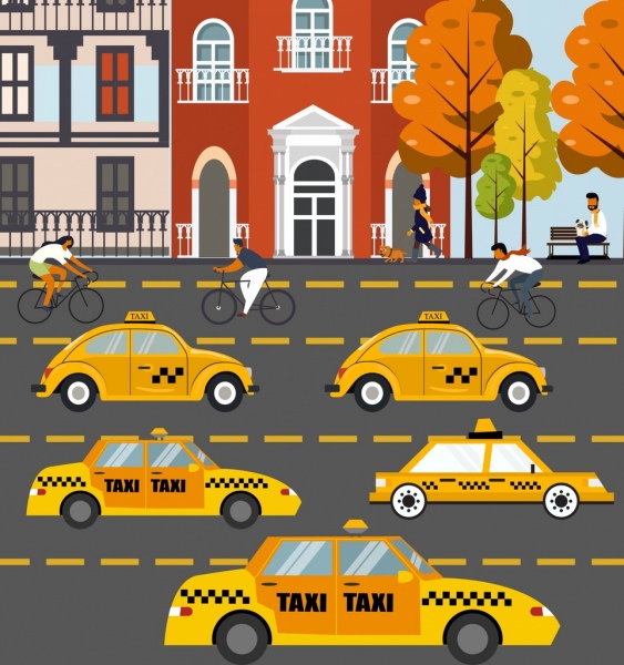 トラフィック背景タクシー車自転車歩行者アイコン装飾