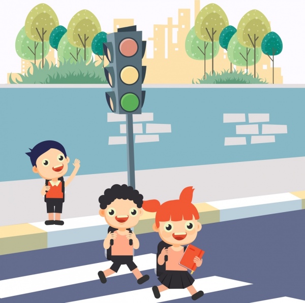 enfants de bannière de trafic léger cartoon coloré de pôle icônes