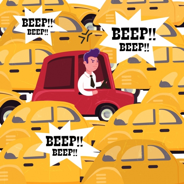 Verkehrsbanner überfüllte Autos Lärm Symbole Karikatur Skizze