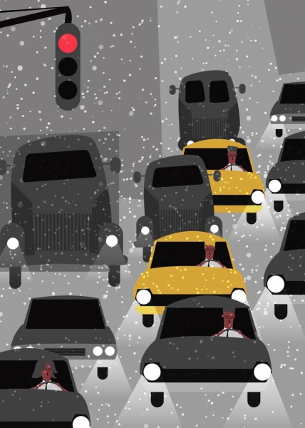 ruchu rysunek samochodów światła śnieg ikony kolorowy kreskówka