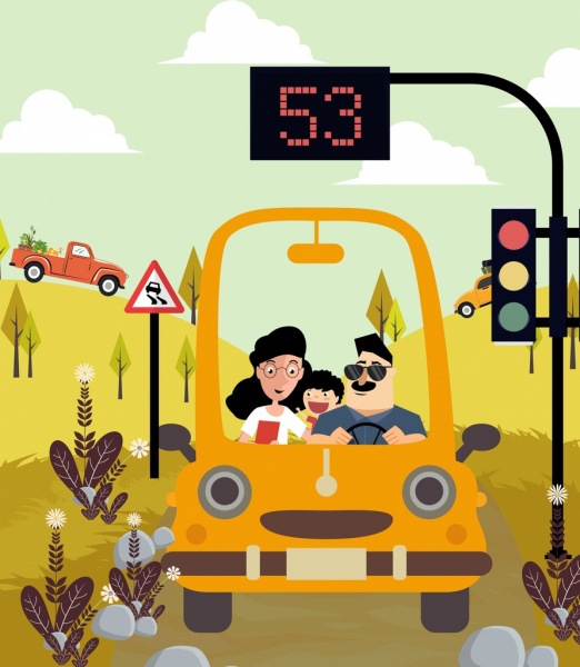 vẽ xe gia đình chuyến đi biểu tượng cột đèn giao thông